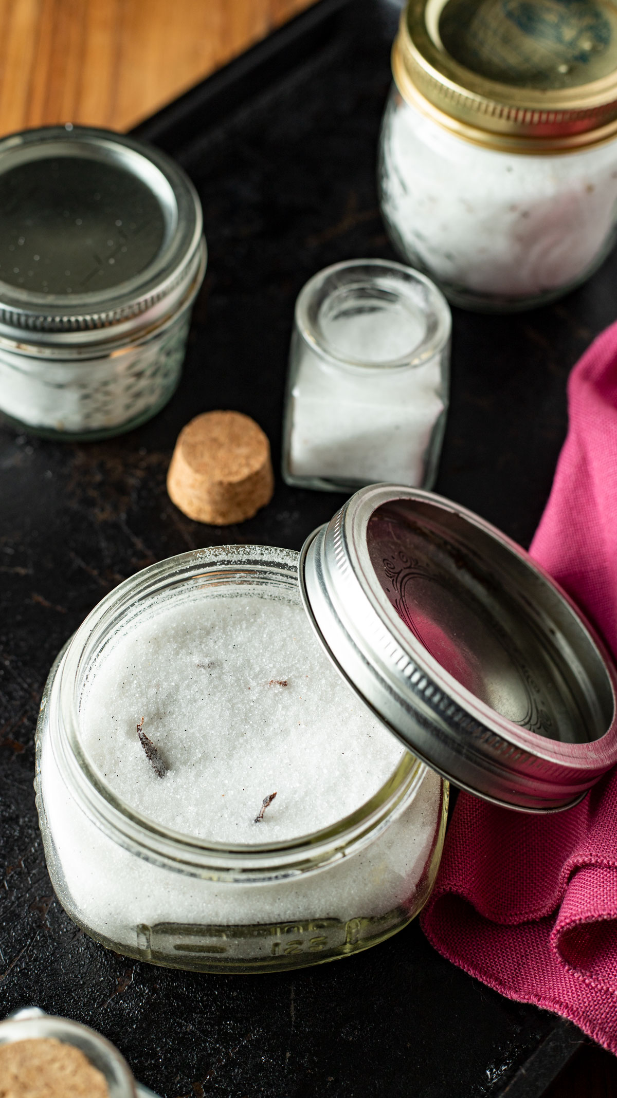 Vanilla sugar in storage jars.