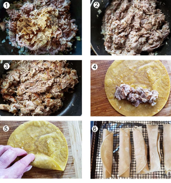 Assembling taquitos step by step process photos. See details in recipe below.