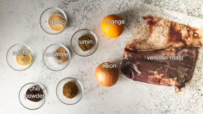 Ingredients for carnitas; venison roast, orange, onion, spices..