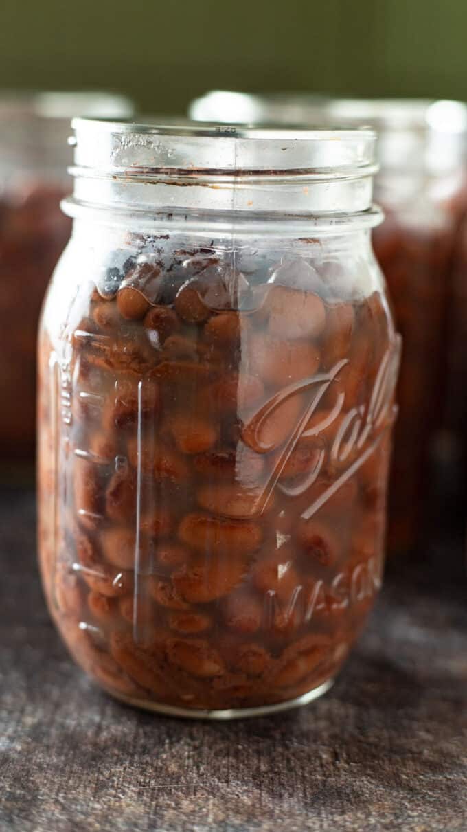 close up of jar of pinto beans.