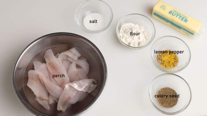 Fried perch ingredients. See recipe below for details.