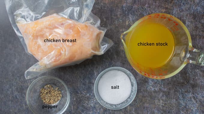 Ingredients - frozen chicken, chicken stock, salt and pepper.