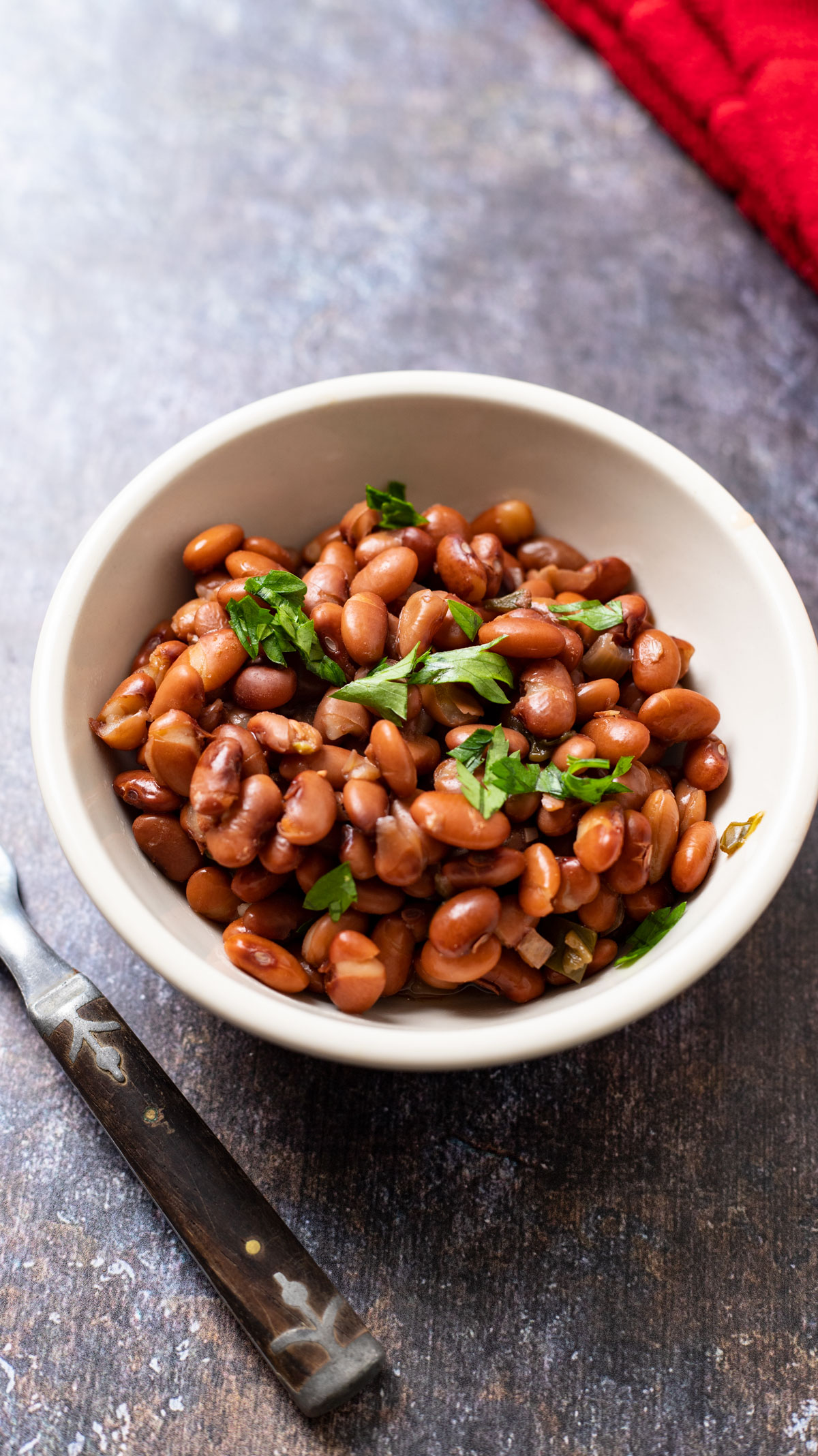 Beans in white bowl on gray background.