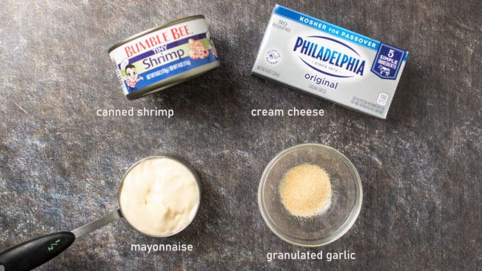 Ingredients, shrimp, cream cheese, mayonnaise, garlic.
