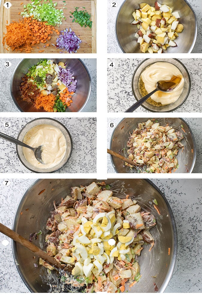 Step by step photographs of the process for making potato salad. See details in recipe below.