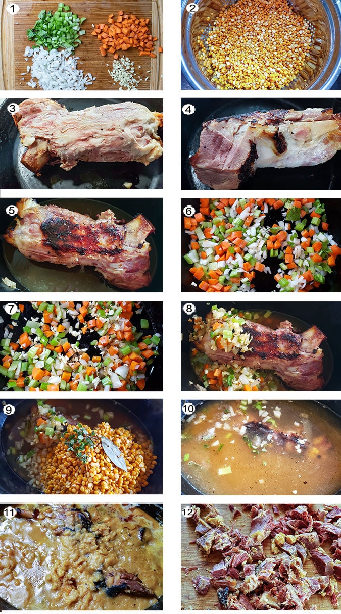 Step by step photographs of the process for making Yellow pea soup. See details in recipe below.