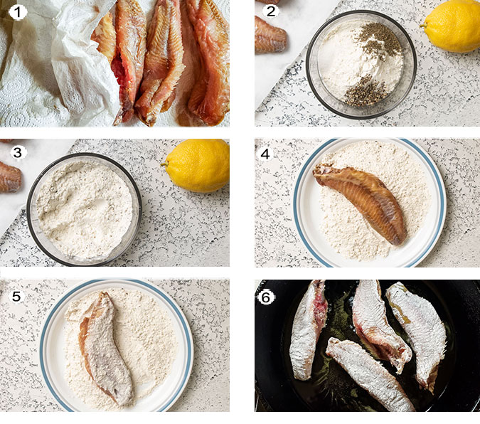 Step by step photographs of the process for making fried bullhead. See details in recipe below.