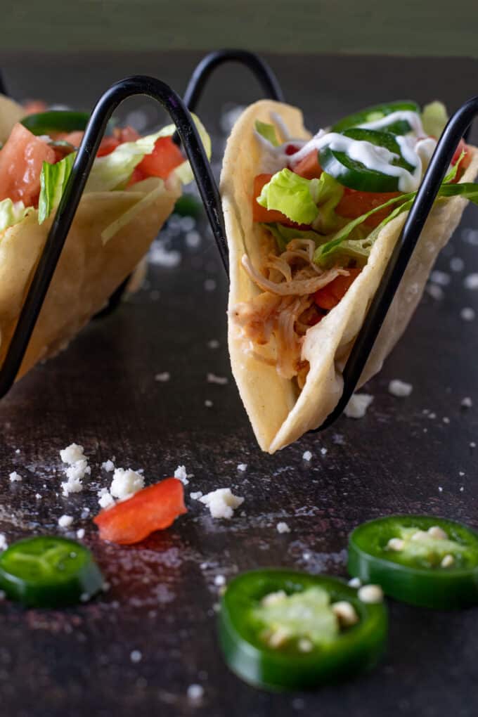 Close up of chicken taco filling.