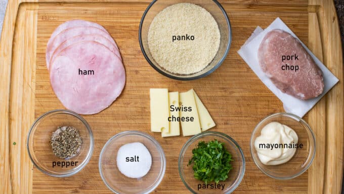 Ingredients for pork cordon bleu. See details in recipe card.