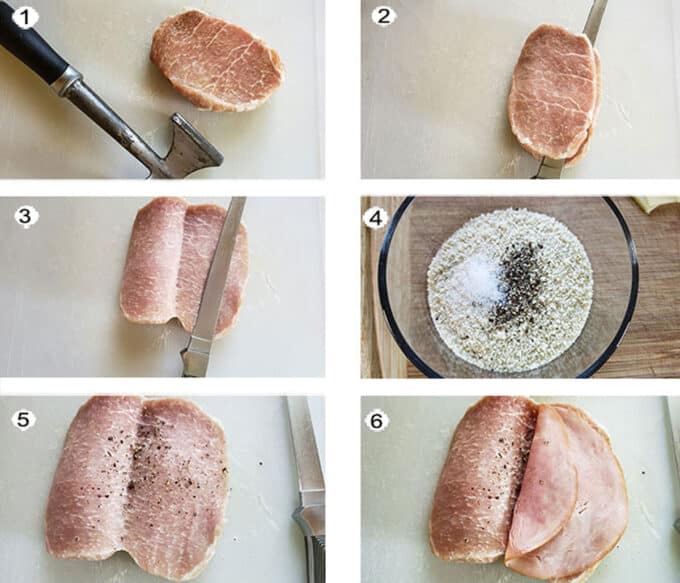 Step by step pork cordon blue process.  See recipe below for details.