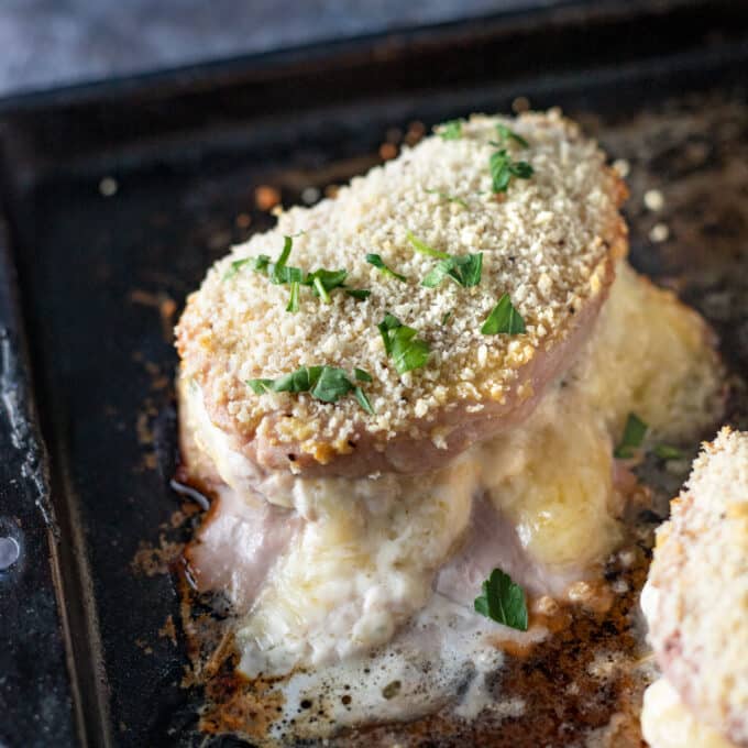 Parsley and bread crumb breaded pork cordon bleu.