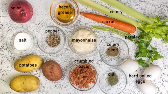 Ingredients for potato salad, see details in recipe below.