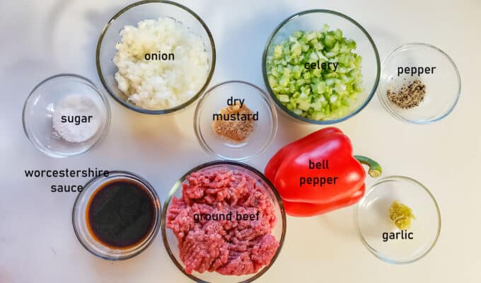 Ingredients for sloppy joes. See details in recipe below.