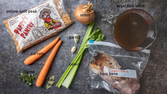 Ingredients for yellow split peas soup. See details in recipe below.