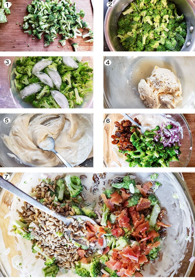 Step by step photographs of the process for making broccoli salad. See details in recipe below.