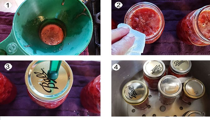 Step by step photographs of the process for canning the jam. See details in recipe below.