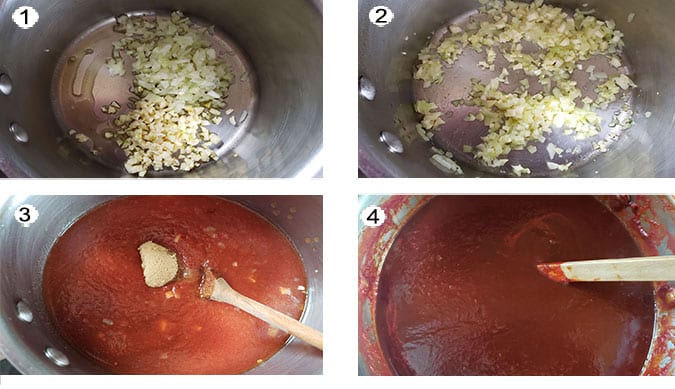 Step by step photographs of the process for making honey BBQ sauce. See details in recipe below.
