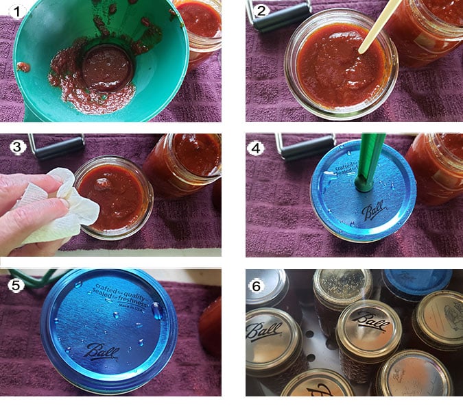 Step by step photographs of the process for canning honey BBQ sauce. See details in recipe below.