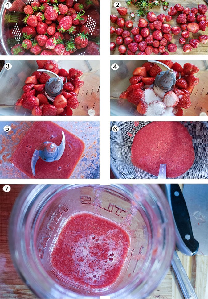 Step by step photographs of the process for making strawberry juice. See details in recipe below.
