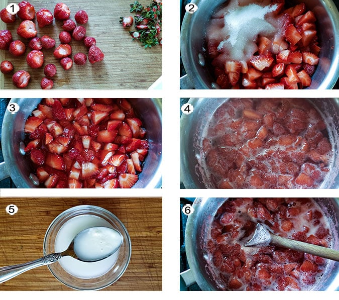 Step by step photographs of the process for making strawberry syrup. See details in recipe below.