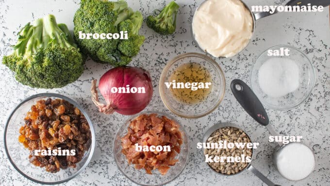 Ingredients for broccoli salad. See recipe below for details.