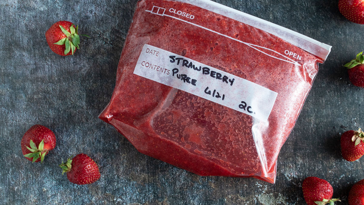 Bag of strawberry puree.
