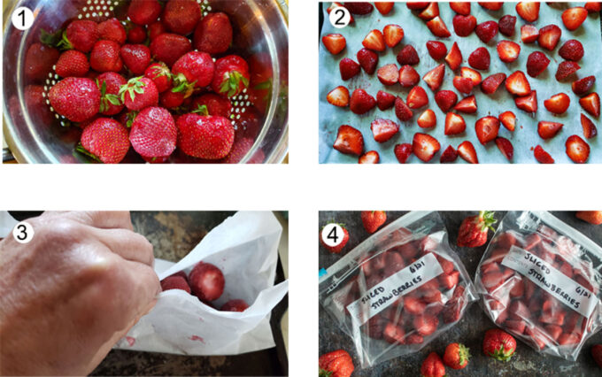 Step by step photographs of the process for freezing sliced strawberries . See details in recipe below.