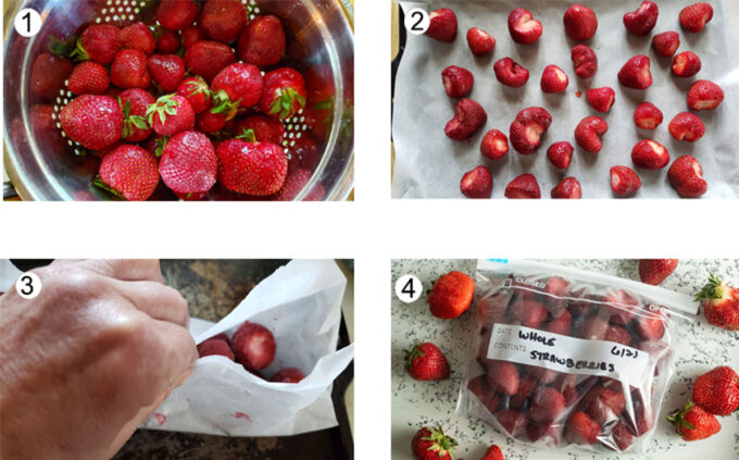 Step by step photographs of the process for freezing whole strawberries . See details in recipe below.