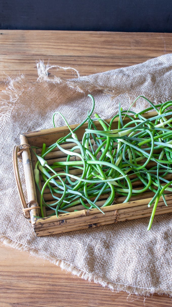 Bamboo tray with garlic scapes.