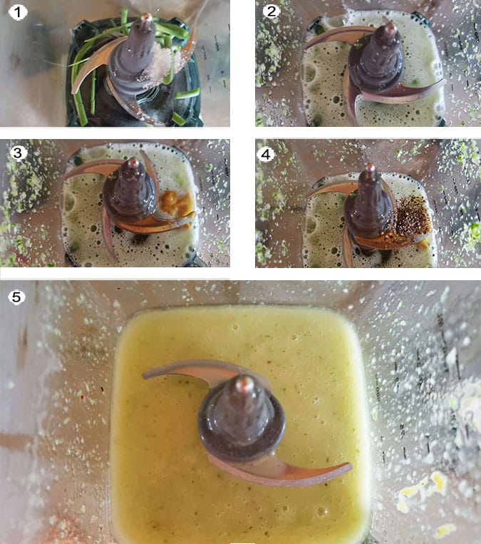 Step by step photographs of the process for making garlic scape dressing. See details in recipe below.