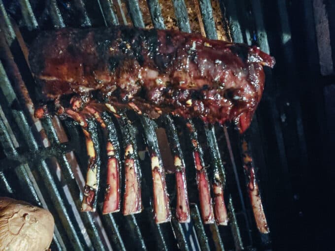 Bone in rack loin cut of venison on grates.