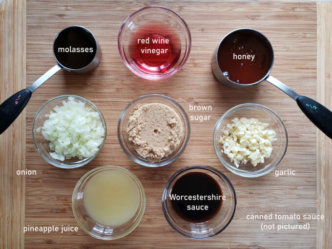 Ingredients for honey bbq sauce. See details in recipe below.