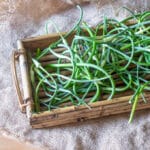 Fresh garlic scapes in bamboo basket.