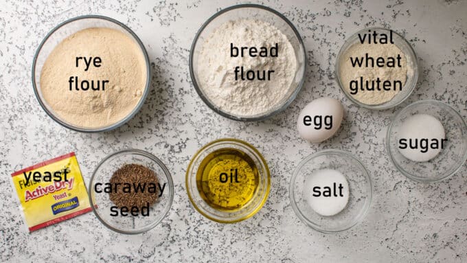 Ingredients for making rye bread. See recipe below for details.