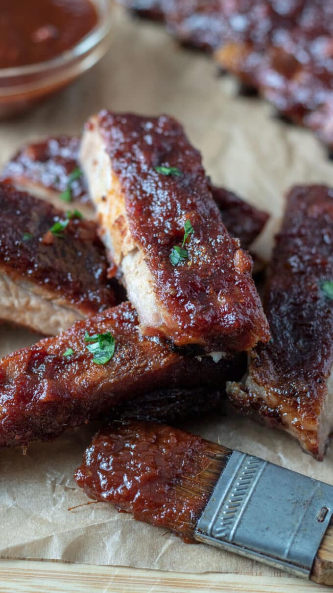 Close up of sauced ribs.