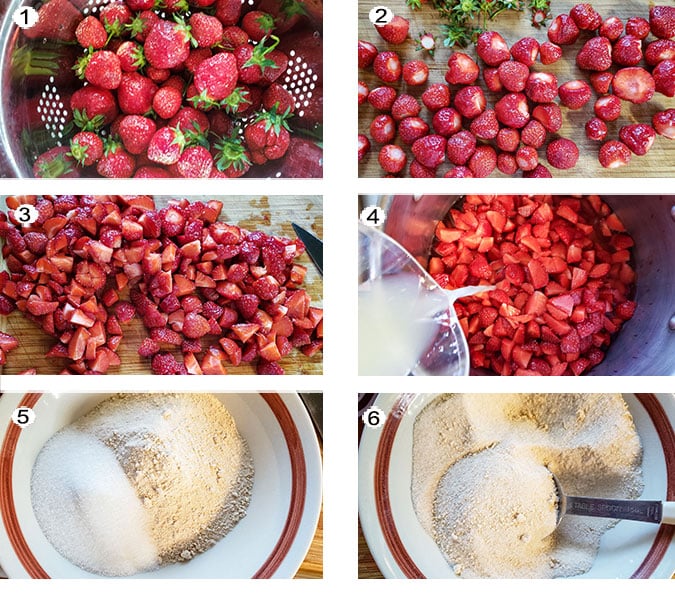 Step by step photographs of the process for making strawberry jam. See details in recipe below.