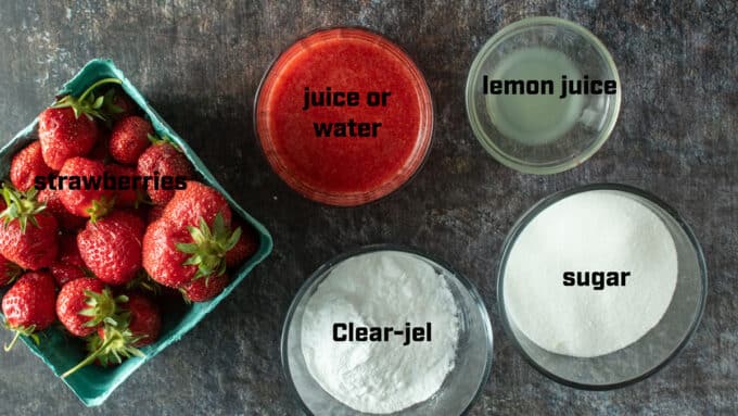 Ingredients for strawberry pie filling. See recipe below for details.
