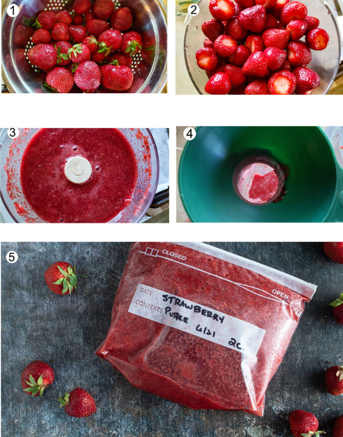 Step by step photographs of the process for freezing strawberry puree. See details in recipe below.