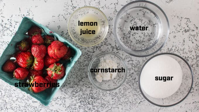 Ingredients for strawberrysyrup- berries, lemon juice, cornstarch, sugar.