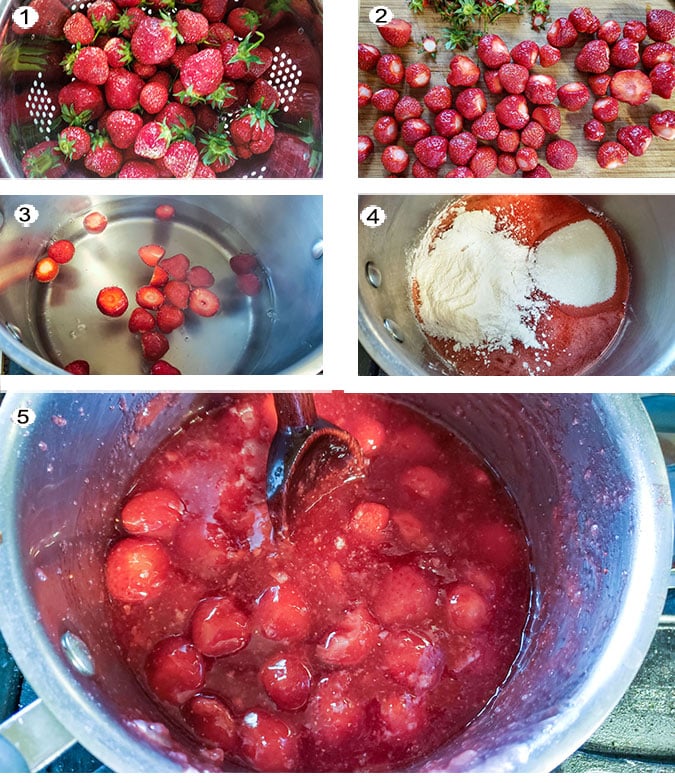 Step by step photographs of the process for making strawberry pie filling. See details in recipe below.