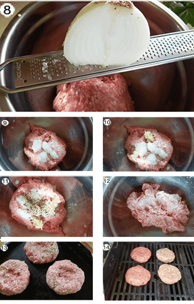 Step by step photographs of the process for making feta lamb burgers.. See details in recipe below.
