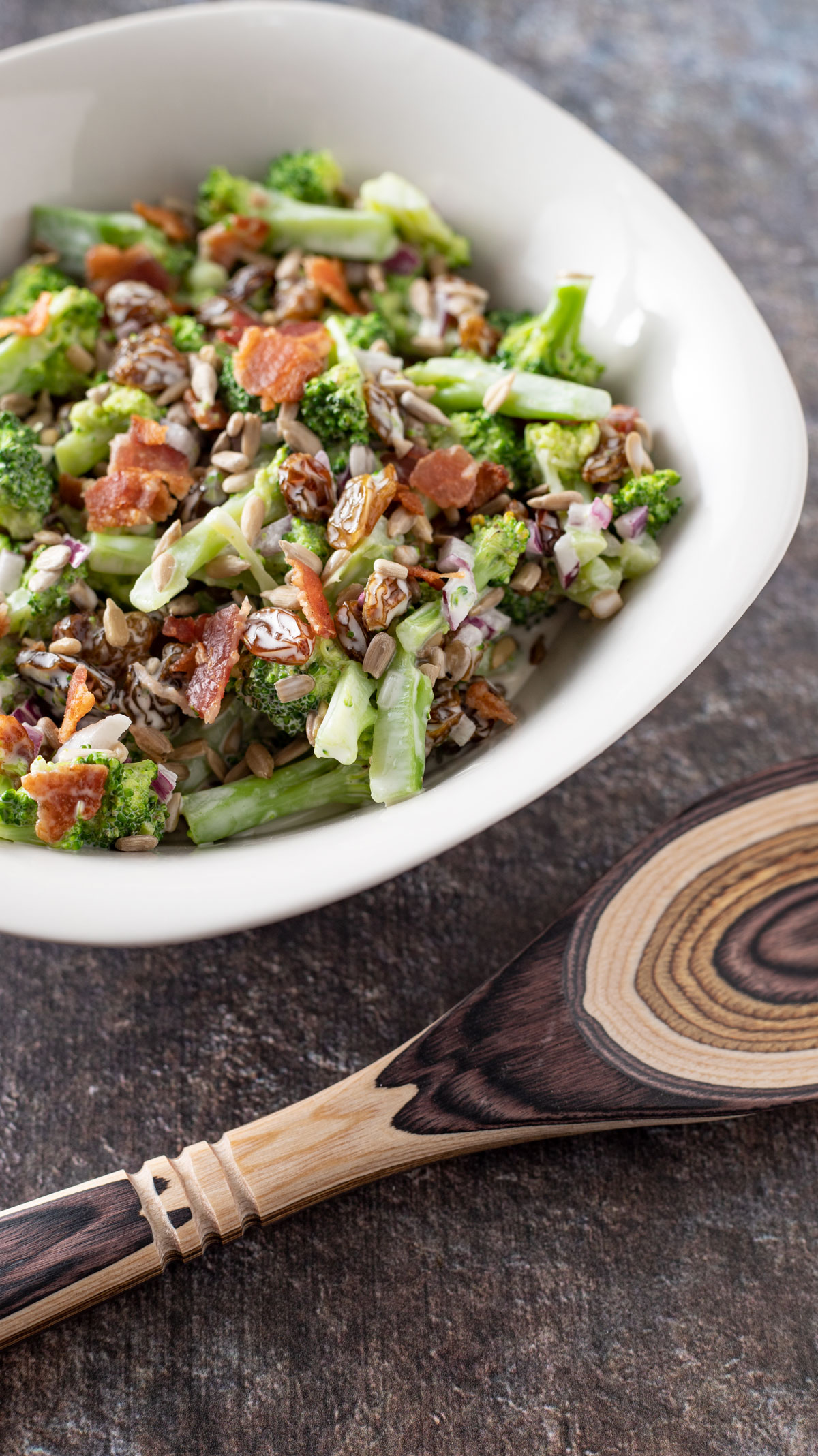 Close up photo of broccoli salad.