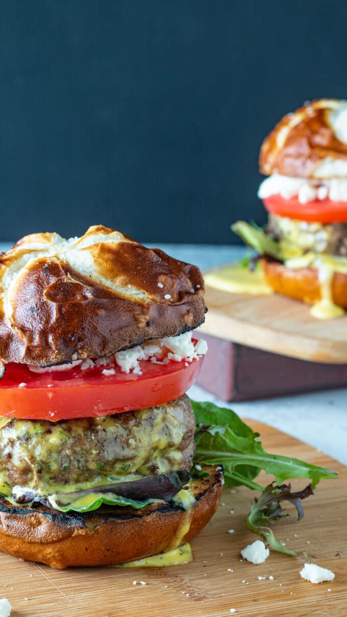 Close up of juicy burgers.