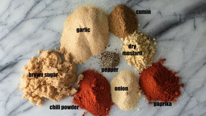 Ingredients for pork dry rub. See details in recipe card below.