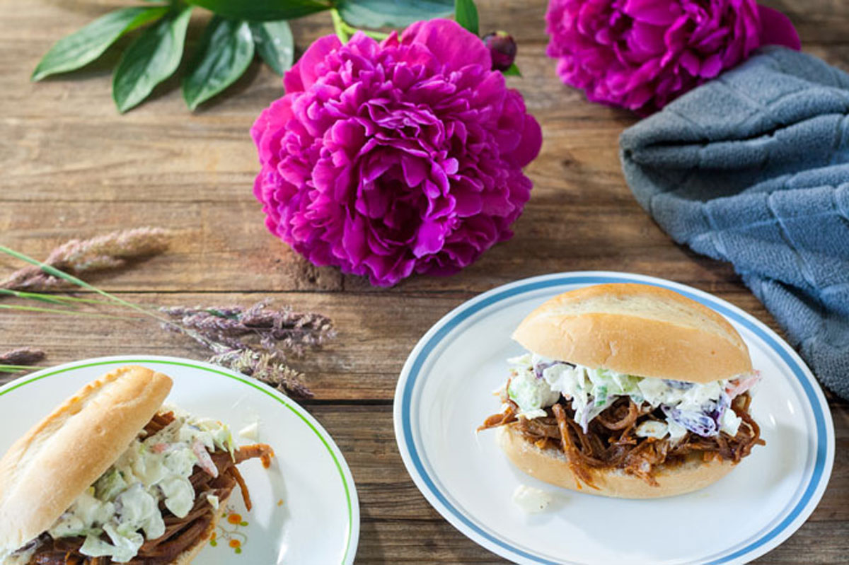 Pulled pork sandwiches topped with cole slaw 
