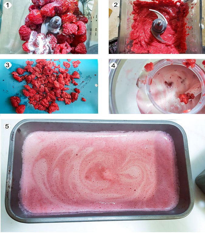 Step by step photographs of the process for making raspberry sherbet. See details in recipe below.