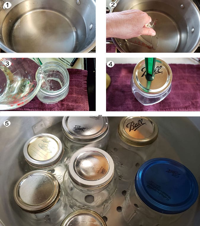 Step by step photographs of the process for canning water. See details in recipe below.