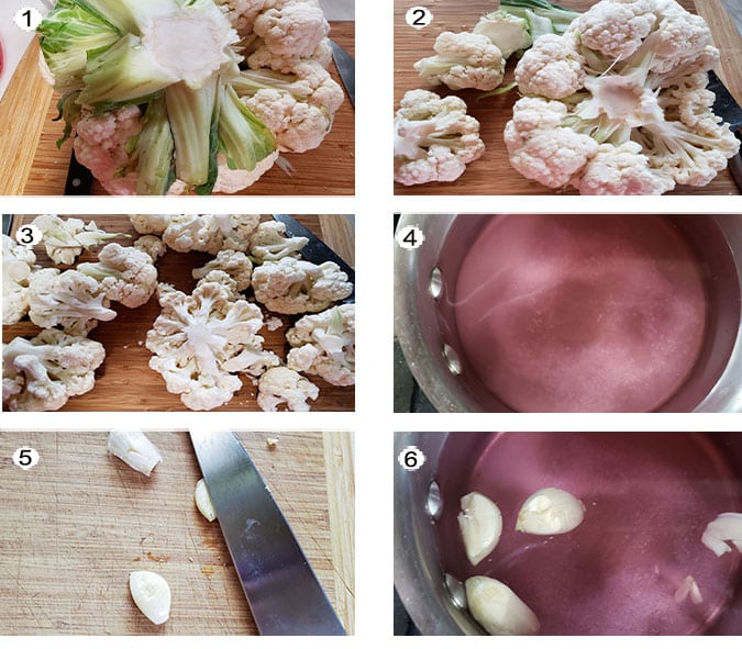 Step by step photographs of the process for making pickled cauliflower. See details in recipe below.