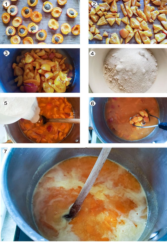 Step by step photographs of the process for making apricot jam. See details in recipe below.