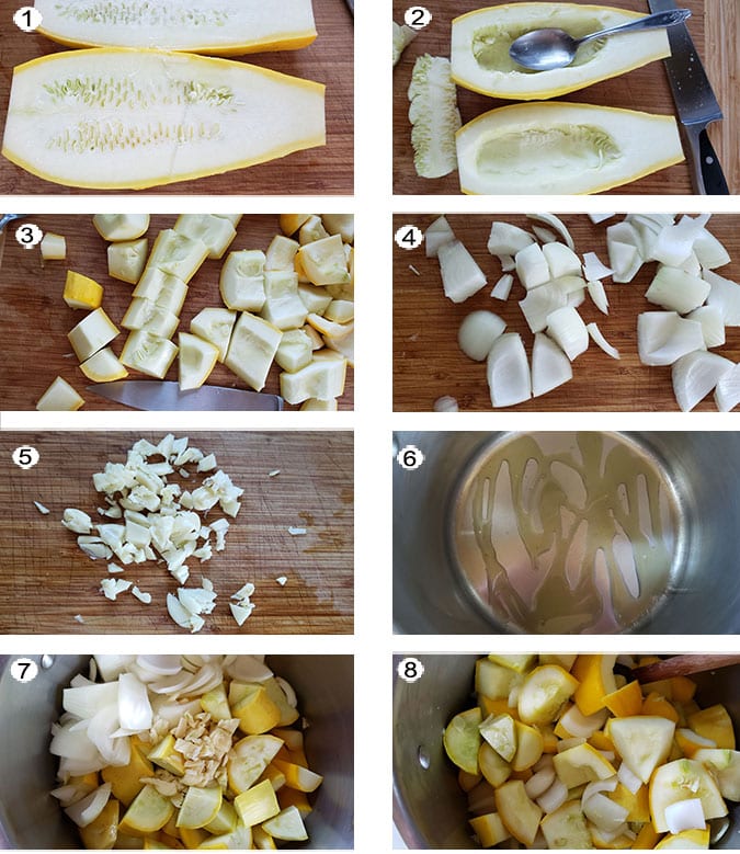 Step by step photographs of the process for making yellow squash soup. See details in recipe below.
